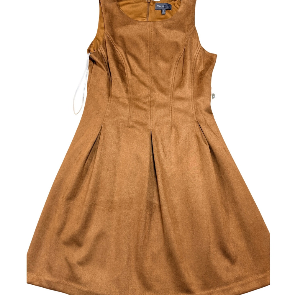 Donna Ricco Faux Suede Fit Flare Dress Camel Brown Pleated Corpcore Womens Sz 6